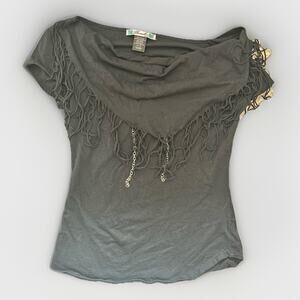 Women’s XL Thread Black Fringe Chain Y2K Short Sleeve 100% Cotton Cowl Neck